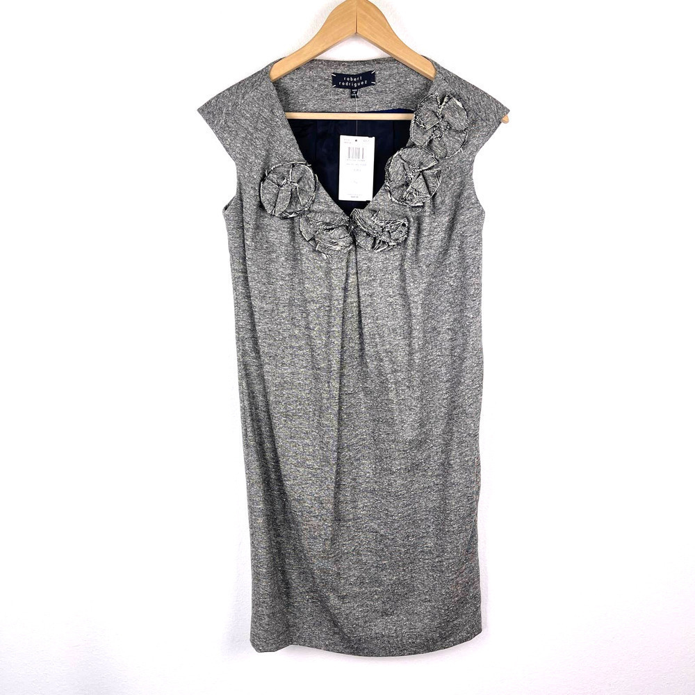 Robert Rodriguez Grey Sleeveless Wool Silk Tweed Sheath Dress Rosette Women's 0